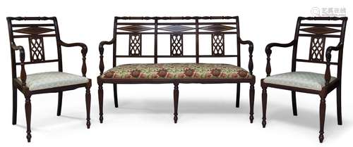 An Edwardian style mahogany three piece suite, second half 20th Century, consisting of a two seat