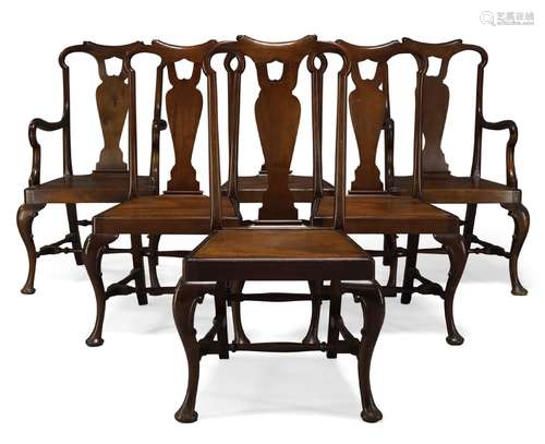 A set of six Queen Anne style mahogany dining chairs, 20th century, the shaped crest rail above