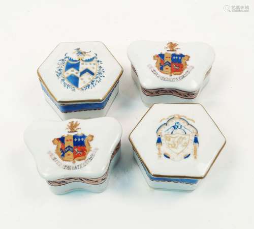 Two pairs of Chinese export porcelain armorial boxes and covers, 19th century, one pair butterfly-