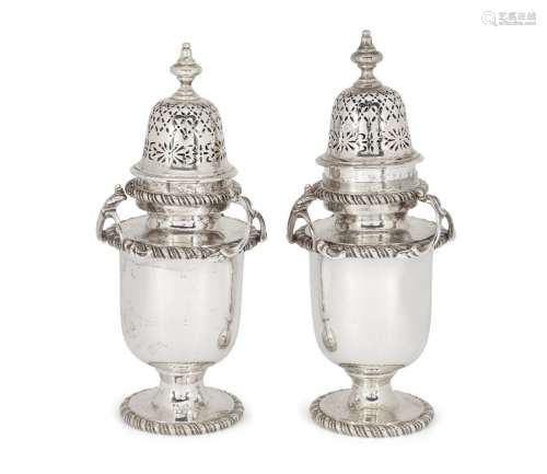 A pair of silver sugar casters, London, c.1899, F B Thomas & Co, each raised on a circular gadrooned