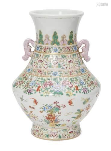 A Chinese porcelain vase, hu, late 20th century, painted in famille rose enamels with baskets and