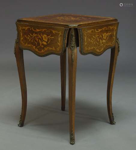 A walnut, marquetry and gilt metal mounted drop leaf side table, late 19th, early 20th Century,