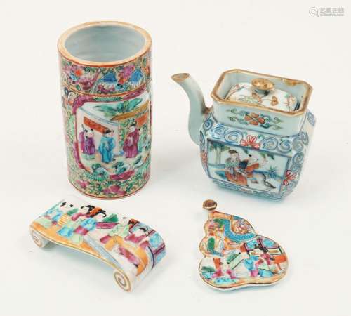 Three pieces of Chinese Canton porcelain, 19th century, painted in famille rose enamels with a brush