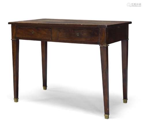 A French Directoire mahogany bureau plat, the rectangular top inset with green leather writing