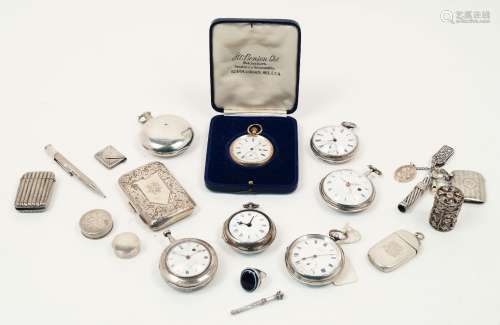 A group of seven pocket watches and a collection of small silver items including: a pill box,