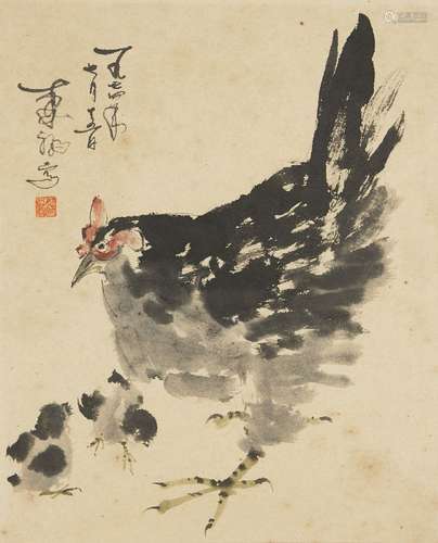 A Japanese brush painting of a cockerel, late 19th/early 20th century, ink and colour on paper,