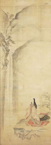 19th century Japanese School, poetess seated by a waterfall, ink and colour on paper, 116x43cm, in