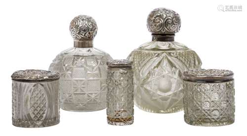Five silver mounted cut glass vessels, comprising two globular bottles with glass stoppers and