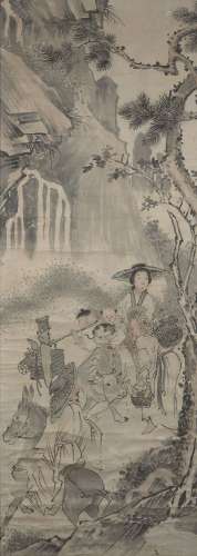 Early 20th century Chinese School, watercolour on paper, travelling figures in a wooded landscape,