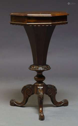 A Victorian burr walnut and marquetry inlaid workbox, the octagonal hinged top enclosing fitted