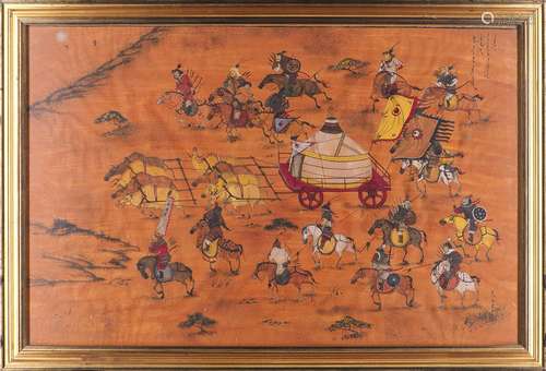 A Mughal style painting of warriors on horseback protecting an oxen drawn yurt, 20th century, ink