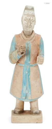 A Chinese pottery Ming-style figure of an official, 20th century, with partially turquoise-glazed