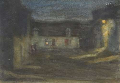 Henry Boddington, British 1849-1925- Village scene at night; coloured crayon and watercolour,