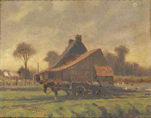 Théophile de Bock, Dutch 1851-1904- Farmyard scene with horse and cart; oil on panel, signed,