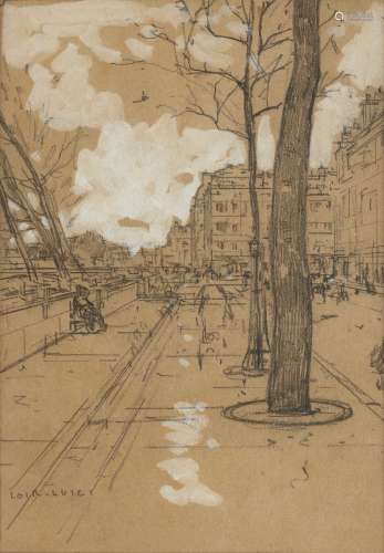 Luigi Loir, French 1845-1916- Les quai de Seine pres du Chatelet, Paris; pencil heightened with