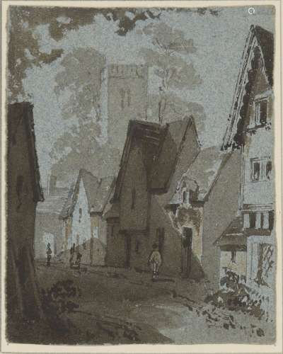 Francis Stephen Cary, British 1808-1880- Village Street scene; pen and black ink and wash on blue