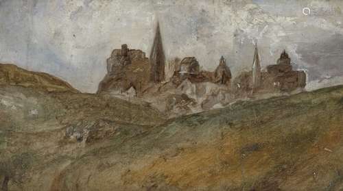 French School, late 19th century- Study of a hill town; oil on canvas laid down on board, 11.