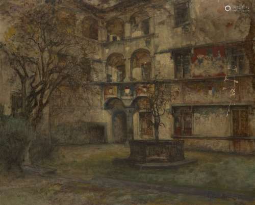 Vittorio Cavalleri, Italian 1860-1938- View of a courtyard; oil on canvas, signed and dated 08,