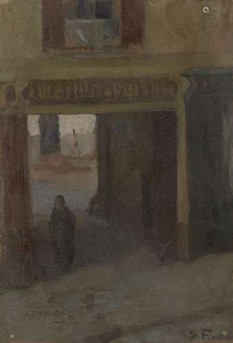 Gaston Simoes de Fonseca, Brazilian/French 1874-1943- Figure in an archway; oil on card, signed with