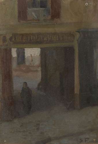 Gaston Simoes de Fonseca, Brazilian/French 1874-1943- Figure in an archway; oil on card, signed with