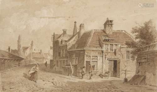 Adrianus Eversen, Dutch 1818-1897- Figures in a Dutch Town; pen and brown ink and wash with
