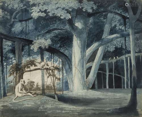 James Forbes, British 1749-1819- Banyan Tree with monkeys in a glade; collage of engraving with