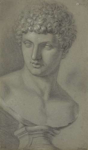 French School, mid-19th century- Portrait of Antinous; black and white chalk on blue paper, signed