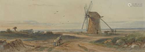 Joseph Murray Ince, Welsh 1806-1859- Figures on a road approaching a windmill; watercolour, 5.7x15.