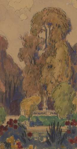 Georges Leroux, French 1877-1957- Le Jardin du Luxembourg en Autumne; crayon and watercolour, 14.