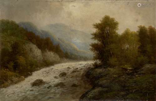 Wilhelm Olbrich, Austrian, late 19th century- Mountainous landscape with river; oil on canvas,