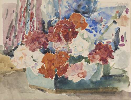 Francis Edward James, British 1850-1920- Still life of mixed flowers in a green pot; watercolour,