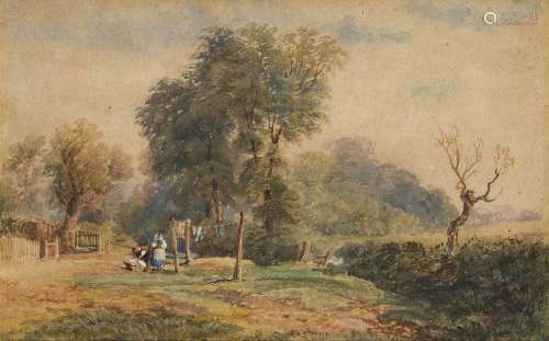 Circle of David Cox Jnr ARWS, British 1809-1885- Hanging out the Washing; watercolour with touches