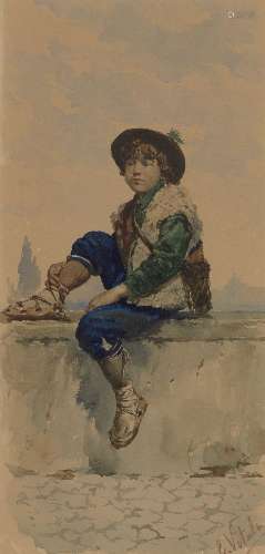Edouardo Vitali, Italian, late 19th/early 20th century- NNeapolitan boy seated on a wall;