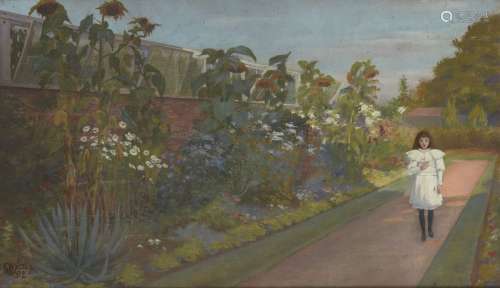 Frederick Dudley Walenn, British 1869-1939- Girl in a white dress walking in a walled garden with