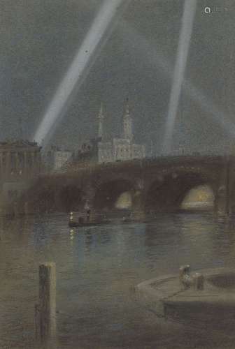 Robert Randoll, British 1864-1946- War Searchlights over London Bridge, 1917; pastel and charcoal on