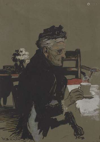 Walter Bonner Gash NSA, British 1869-1928- The artist’s mother enjoying a cup of tea; gouache on