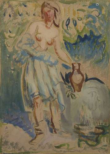 Edna Clarke Hall, British 1879-1979- A woman by a well; watercolour, bears inscription to the