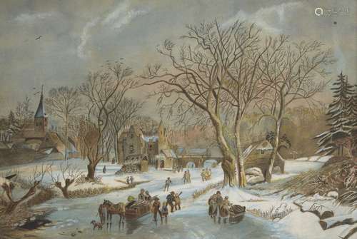 M Giles, British School, late 19th century- Dutch winter landscape; watercolour with touches of