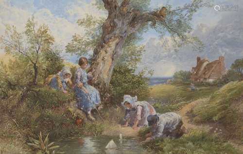 After Myles Birket Foster RWS, British 1825-1899- Children playing with a pond yacht; reproduction