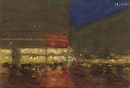 Felix Courché, French 1863-1944- Paris Boulevard la Nuit; watercolour, signed, 9.5x14.4cm