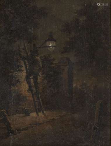 British School, early 19th century- Lighting a street lamp; oil on panel, dated 1819 to the reverse,