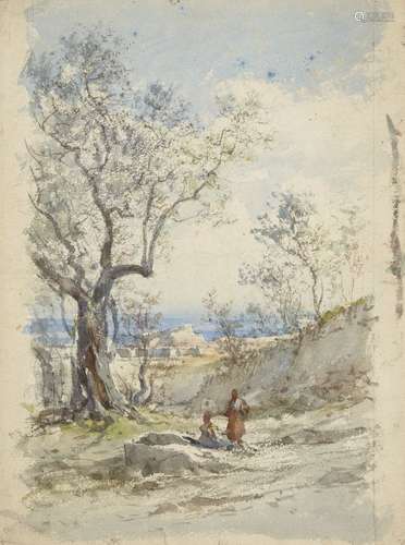 Attributed to Emmanuel Costa, French 1833-1921- Riviera view with figures in the foreground;