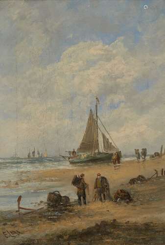 Edwina W Lara, British act. 1850-1882 Fishermen gathering nets on a beach; oil on canvas, signed,