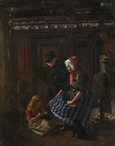 Johan Frederik Busch, Danish 1825-1883- Family in a cottage interior; oil on canvas laid down on