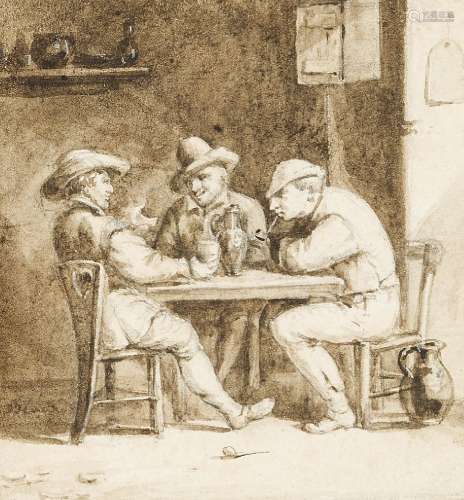 Manner of Adriaen Brouwer, late 17th/early18th century- Men seated at a table in a tavern; pen and