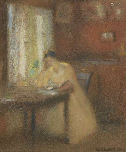 Louis Antoine LeClercq, French 1856-1933- Lady at a desk; pastel, signed, bears old inscribed