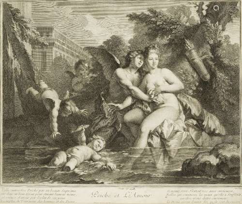 Simon Vallée, French 1680-c.1730- Psiché et l'Amour, after Pierre Jacques Cazes; engraving, 36x42.