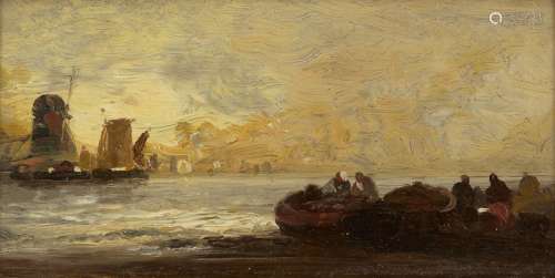 Attributed to James Webb, British c.1825-1895- Fishermen unloading the day's catch art sunset on a