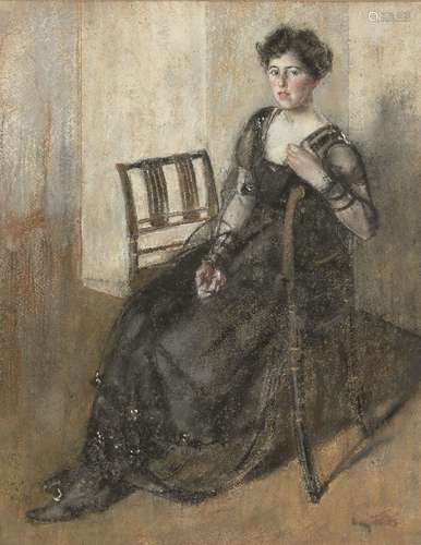 British School, late 19th century- Portrait of a lady seated full-length in an interior; black and