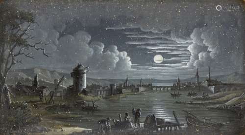 Flemish School, mid-19th century- Moonlit river scene with windmill; oil on panel, signed
